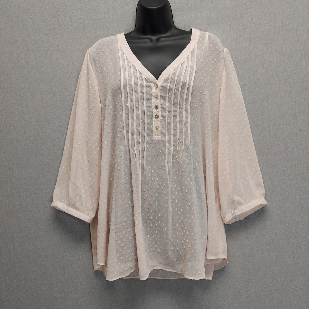 Rose + Olive Pink Swiss Dot Blouse 2X Pintuck Boho Top Semi Sheer 3/4 Sleeve